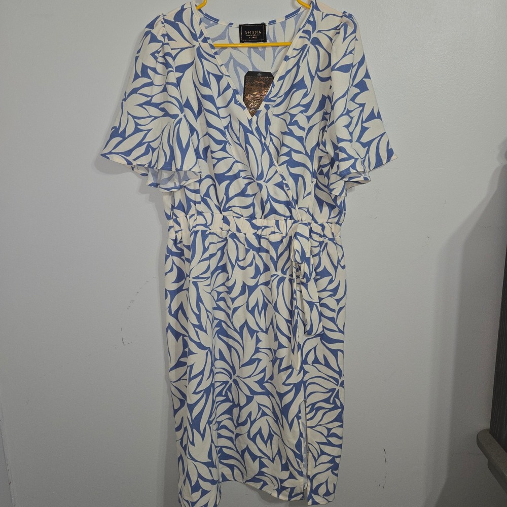 M#108 Amana XL Blue & White Leaf Print Tie Waist Flutter Sleeve‎ Midi Dress